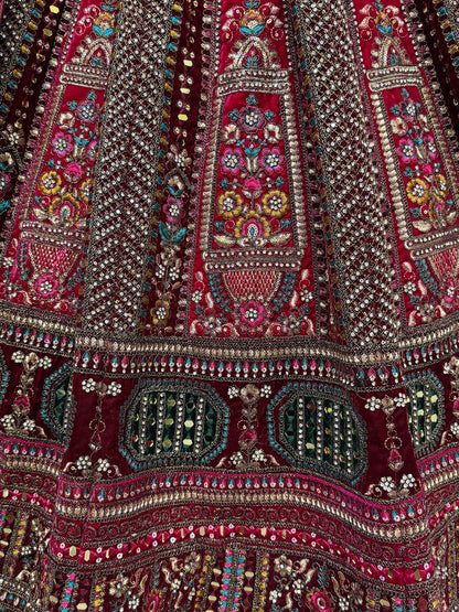 Great Red Thread Work Velvet Bridal Lehenga Choli With Double Dupatta - Zeel Clothing