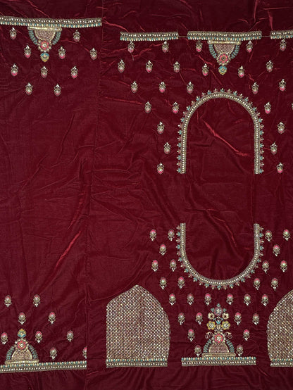 Great Red Thread Work Velvet Bridal Lehenga Choli With Double Dupatta - Zeel Clothing