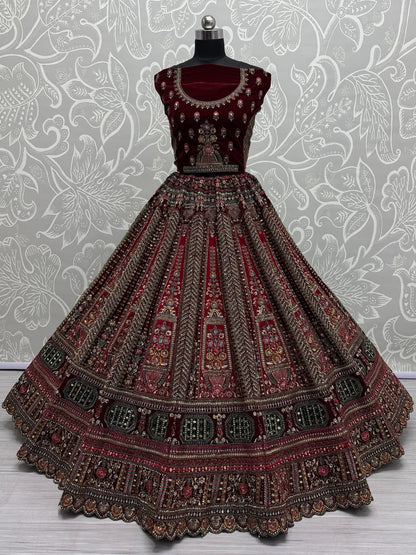 Great Red Thread Work Velvet Bridal Lehenga Choli With Double Dupatta - Zeel Clothing