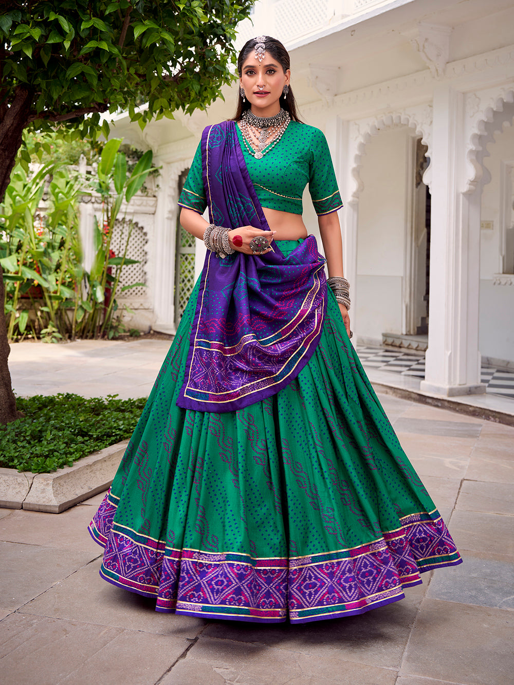Green Color Bandhej Print With Gotta Patti Lace Tasar Silk Lehenga Choli