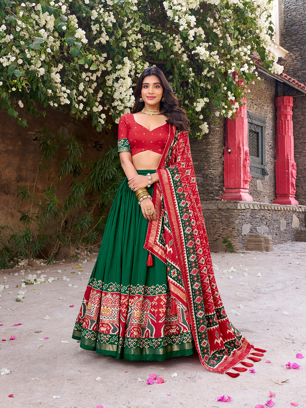 Green Color Patola Printed Tussar Silk Lehenga Choli