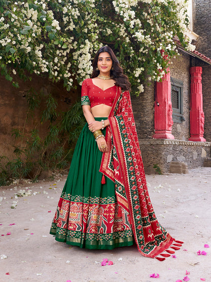 Green Color Patola Printed Tussar Silk Lehenga Choli
