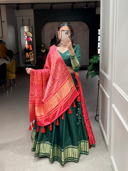 Green Color Dyeing With Lagdi Patta Gaji Silk Lehenga Choli