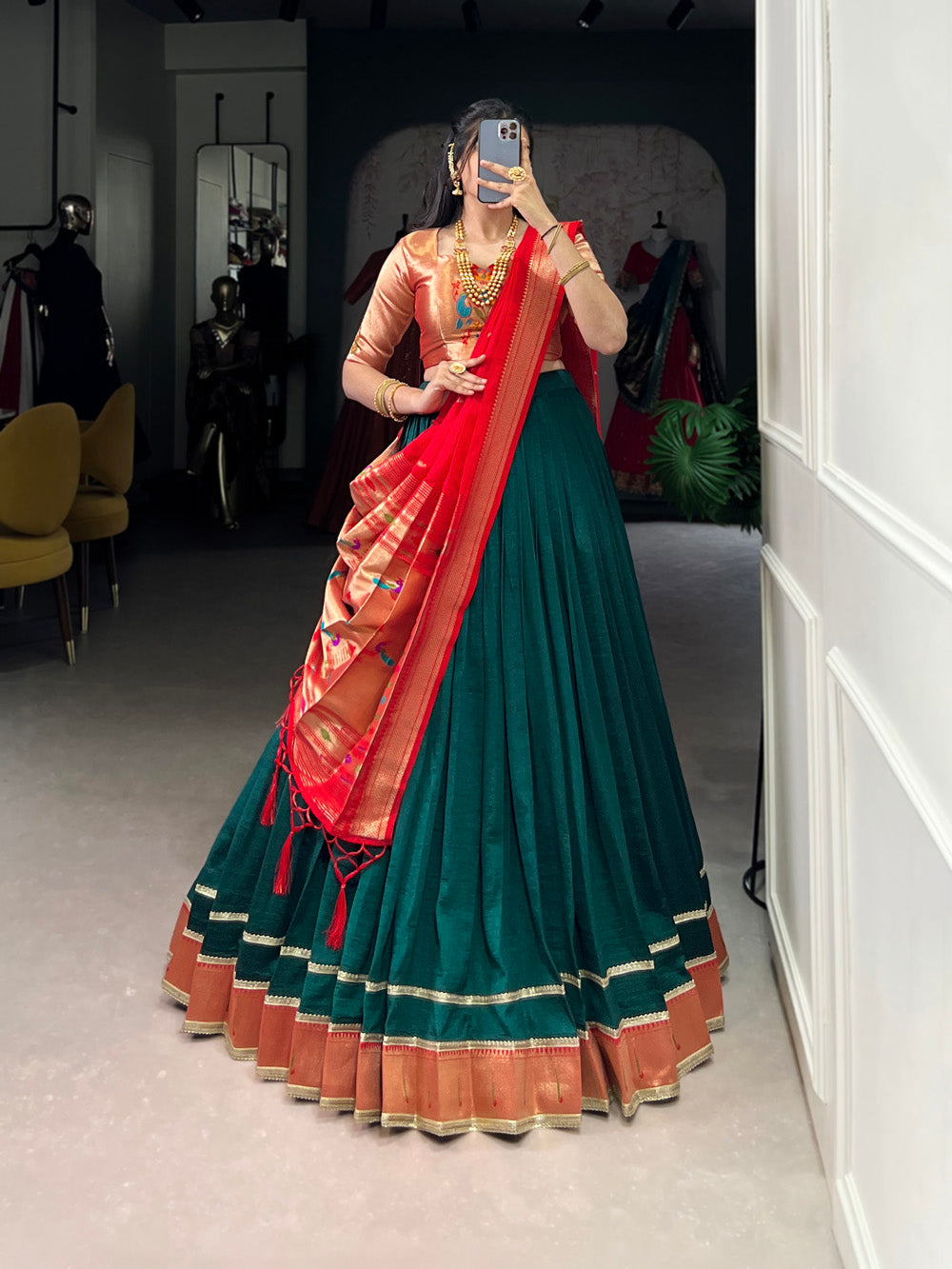 Green Color Zari Weaving With Lace Border Vichitra Silk Lehenga Choli
