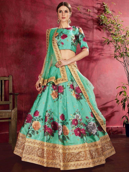 Green Floral Print Banglori Silk Wedding Wear Lehenga Choli - Zeel Clothing