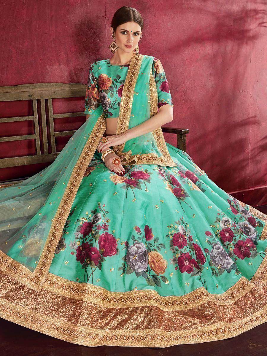 Green Floral Print Banglori Silk Wedding Wear Lehenga Choli - Zeel Clothing