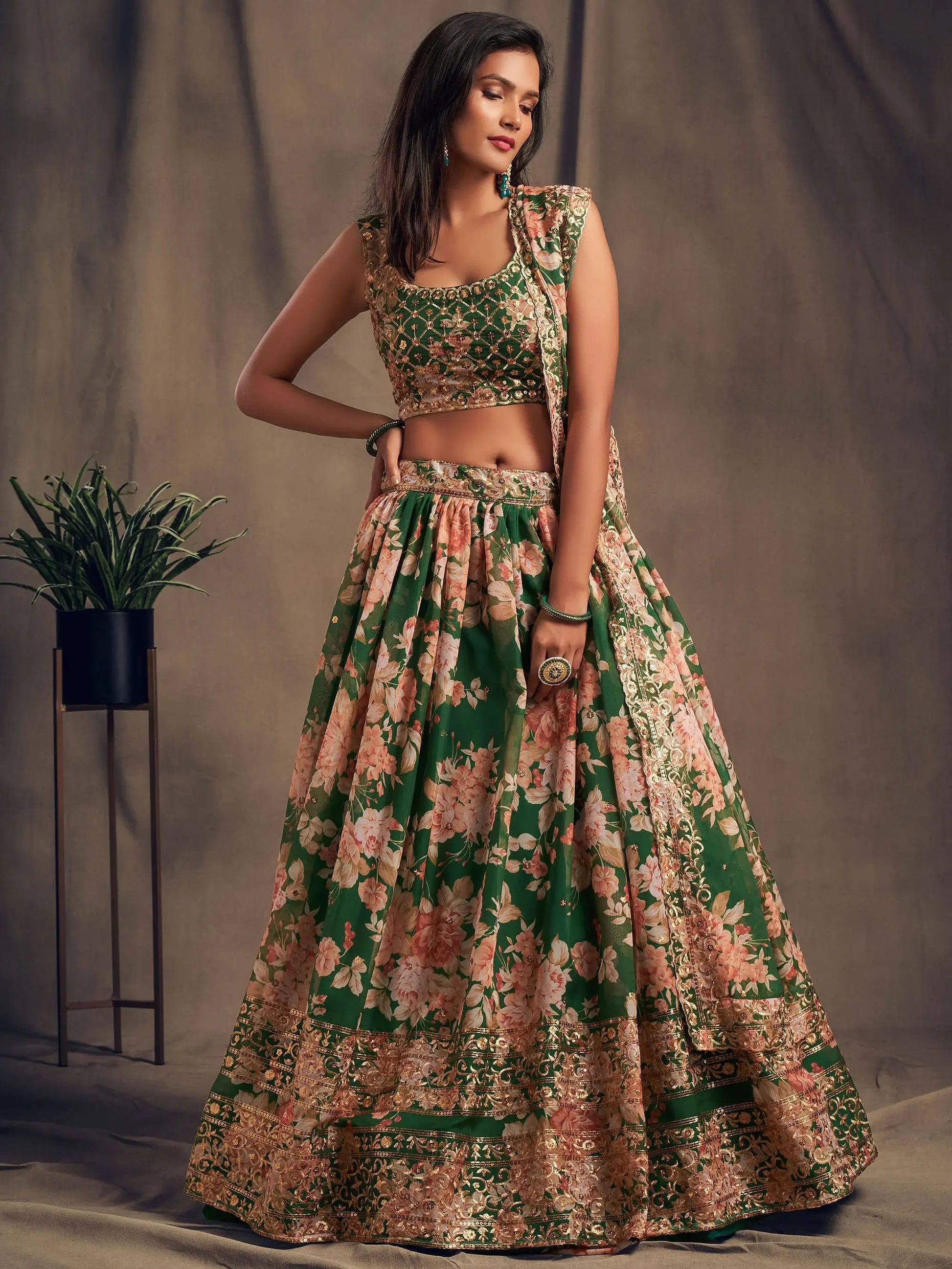 Green Floral Printed Organza Festival Lehenga Choli - Zeel Clothing