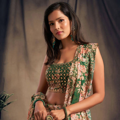 Green Floral Printed Organza Festival Lehenga Choli - Zeel Clothing
