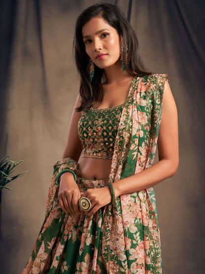 Green Floral Printed Organza Festival Lehenga Choli - Zeel Clothing