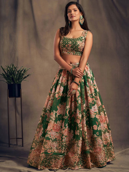 Green Floral Printed Organza Festival Lehenga Choli - Zeel Clothing