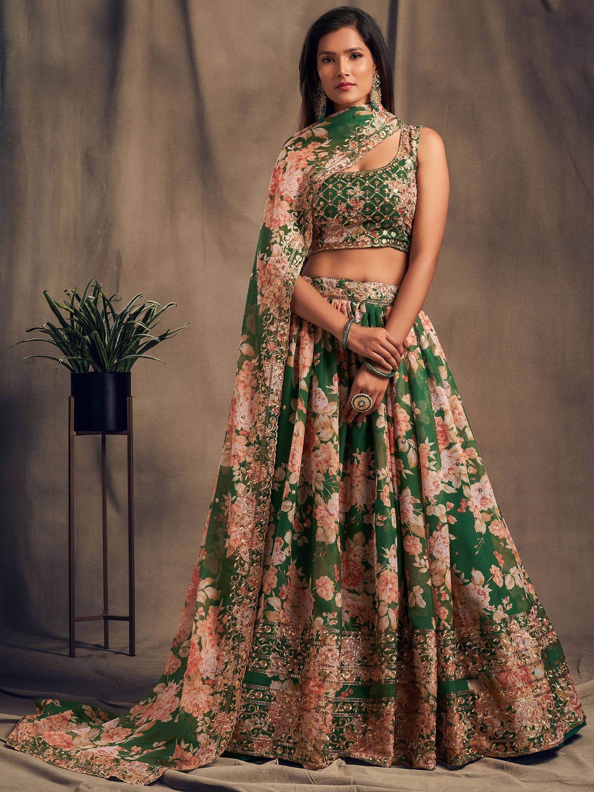 Green Floral Printed Organza Festival Lehenga Choli - Zeel Clothing