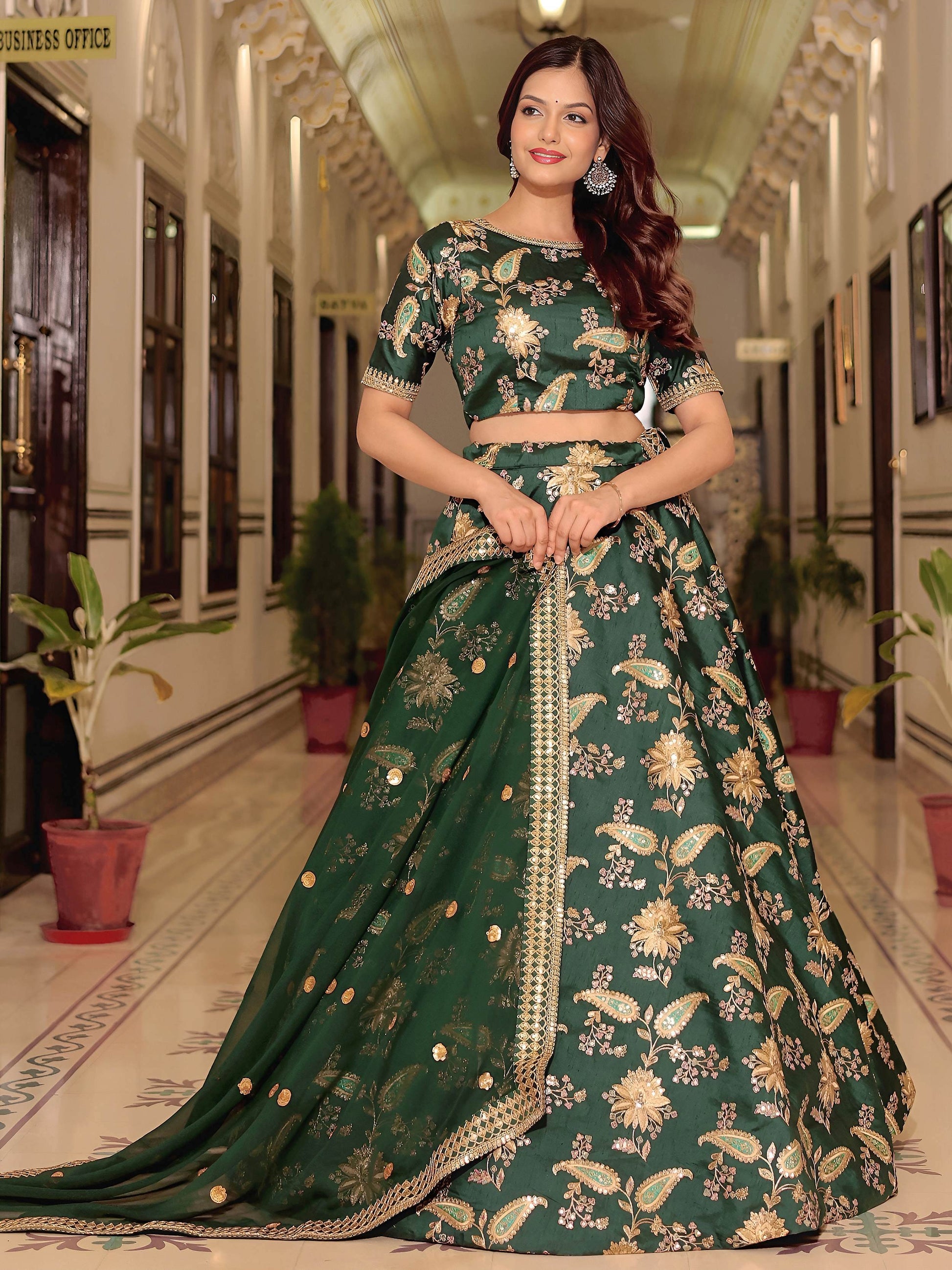 Charming Bottle Green Dori Work Art Silk Mehendi Wear Lehenga Choli With Dupatta