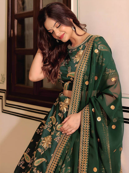 Charming Bottle Green Dori Work Art Silk Mehendi Wear Lehenga Choli With Dupatta