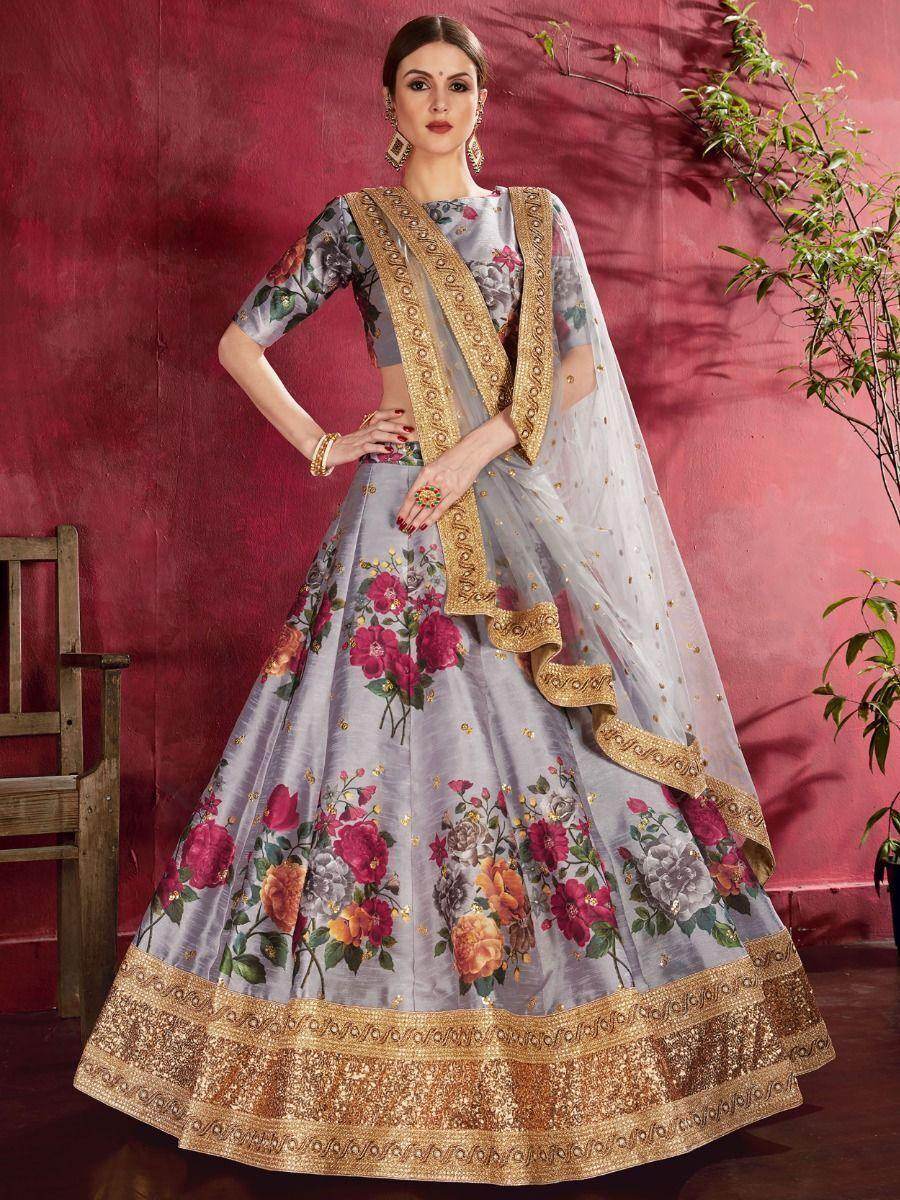 Grey Floral Print Banglori Silk Wedding Wear Lehenga Choli - Zeel Clothing