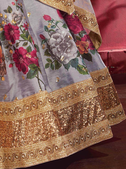 Grey Floral Print Banglori Silk Wedding Wear Lehenga Choli - Zeel Clothing