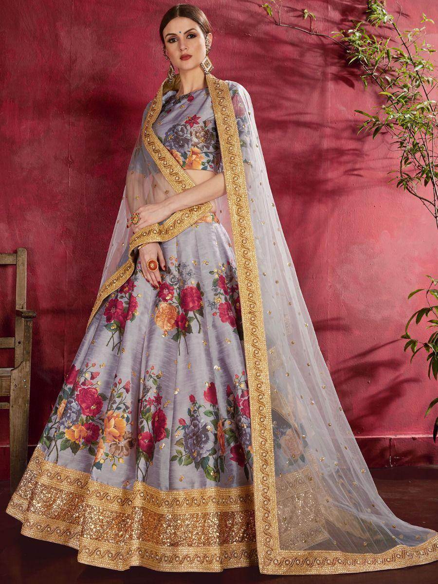 Grey Floral Print Banglori Silk Wedding Wear Lehenga Choli - Zeel Clothing