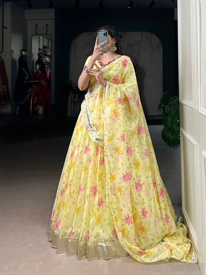 Yellow Color Floral Print With Embossed Design Tabby Silk Chaniya Choli