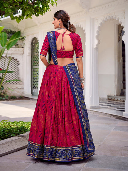 Pink Color Bandhej Print With Gotta Patti Lace Tasar Silk Lehenga Choli