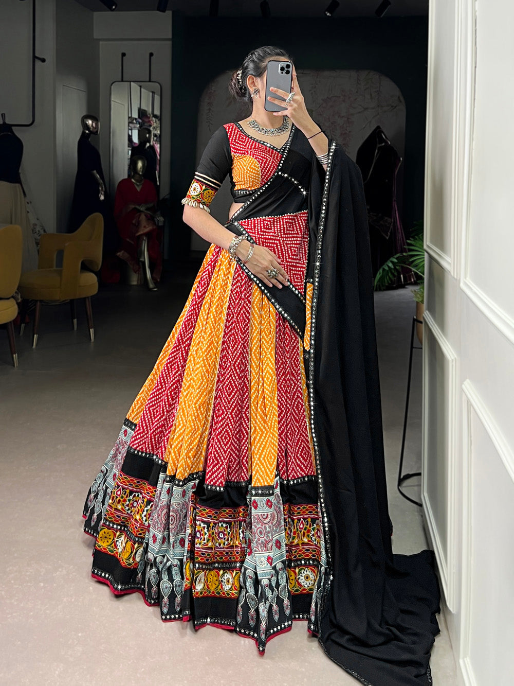 Yellow Color Bandhej And Ajarakh Printed Rayon Chaniya Choli