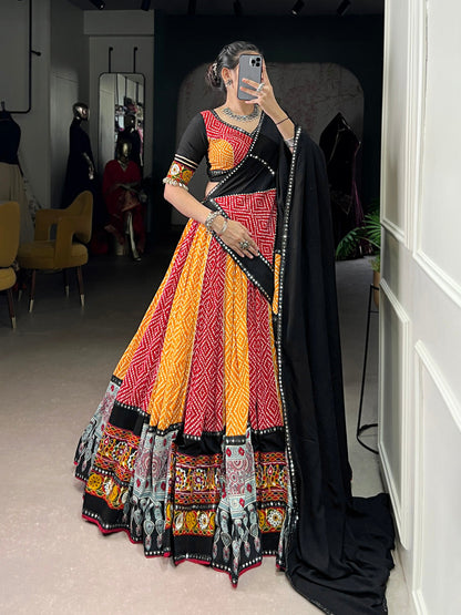Yellow Color Bandhej And Ajarakh Printed Rayon Chaniya Choli