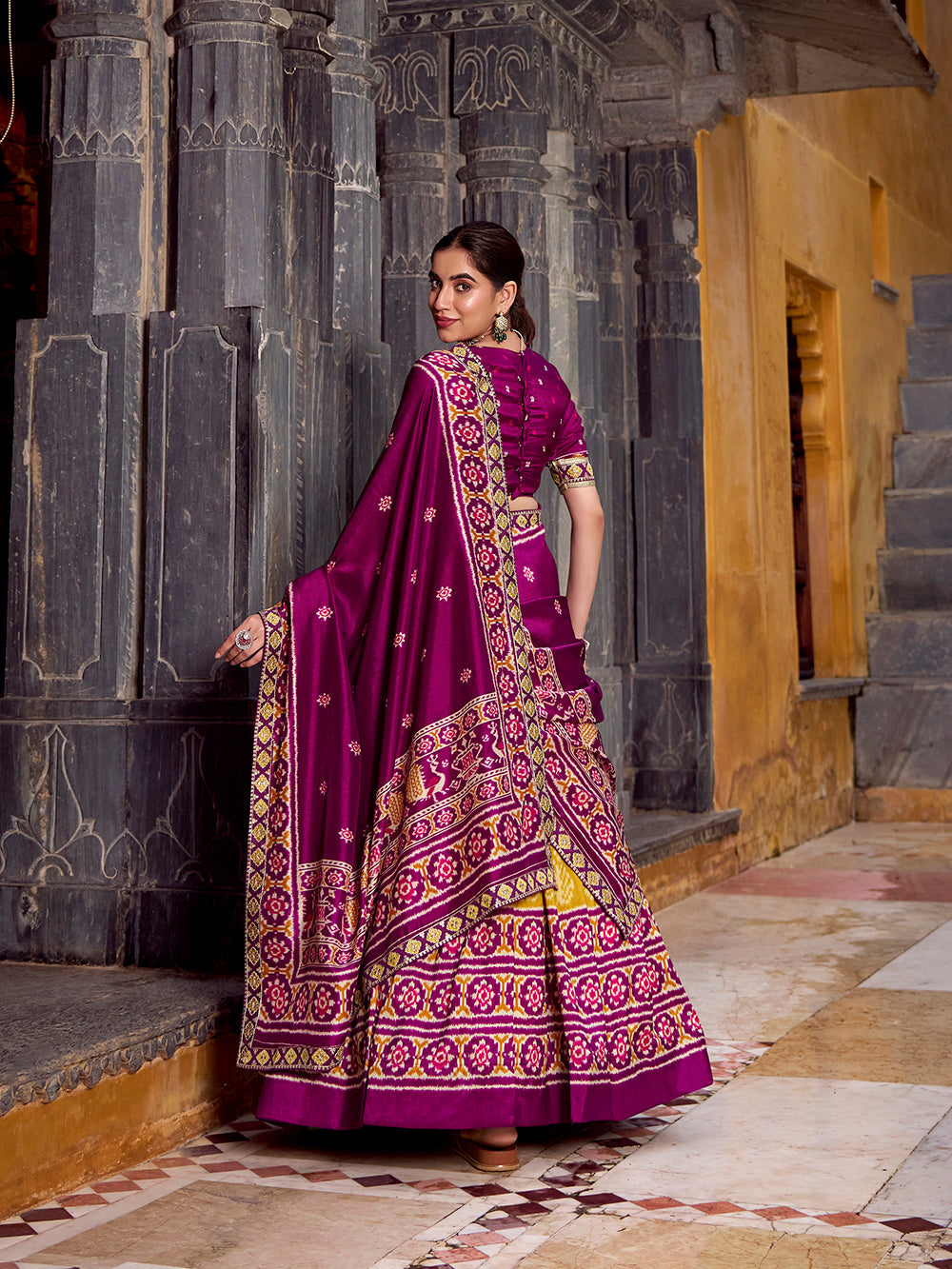 Mustard Color Ikkat Patola Printed Tasar Silk Lehenga Choli