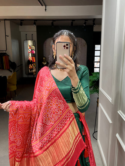 Green Color Dyeing With Lagdi Patta Gaji Silk Lehenga Choli