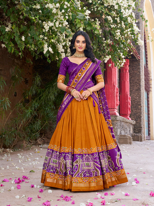 Mustard Color Patola Printed Tussar Silk Lehenga Choli