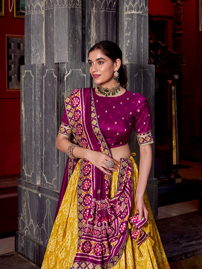 Mustard Color Ikkat Patola Printed Tasar Silk Lehenga Choli
