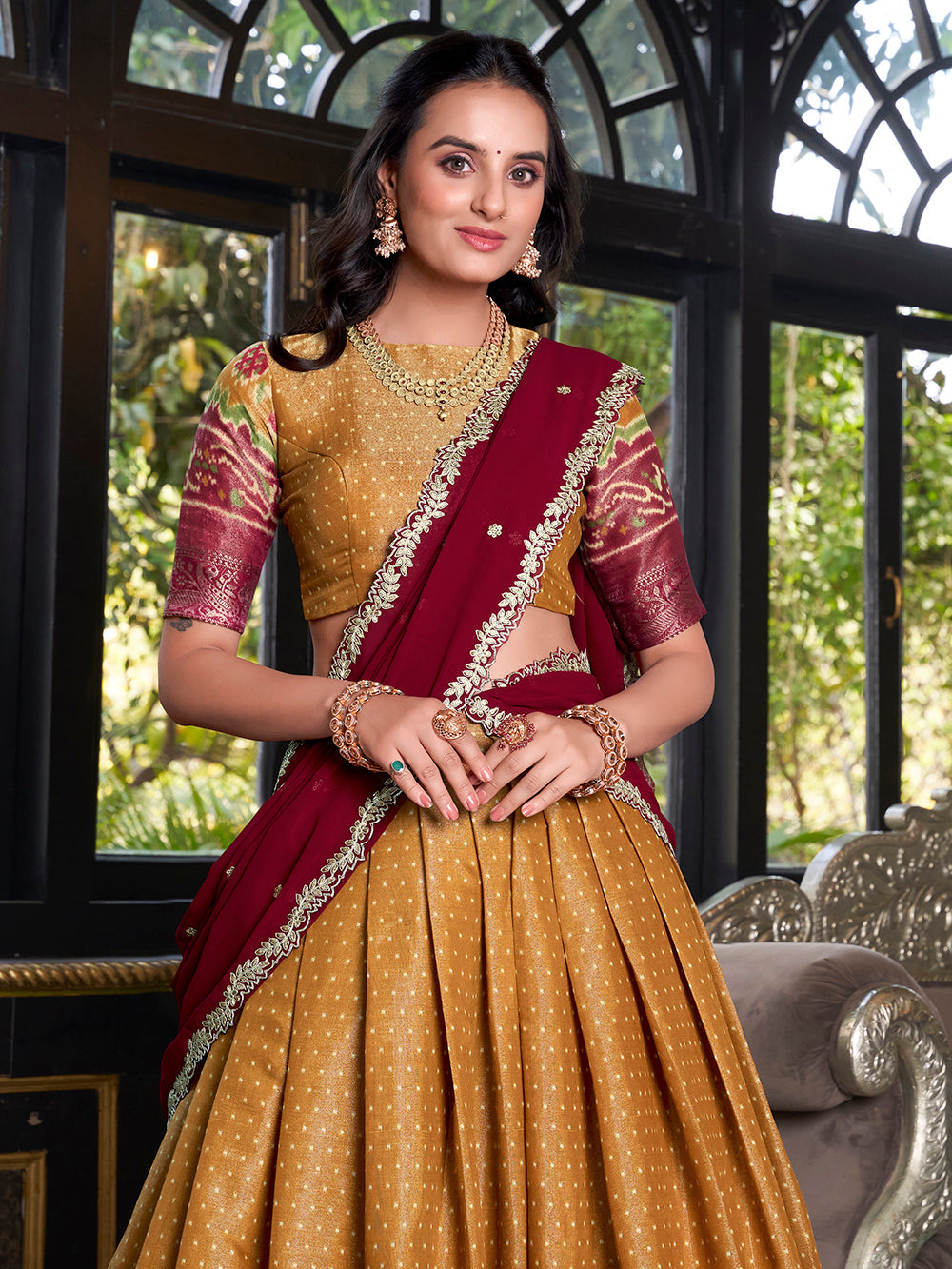 Mustard Color Printed With Zari Weaving Work Kanchipuram Lehenga Choli
