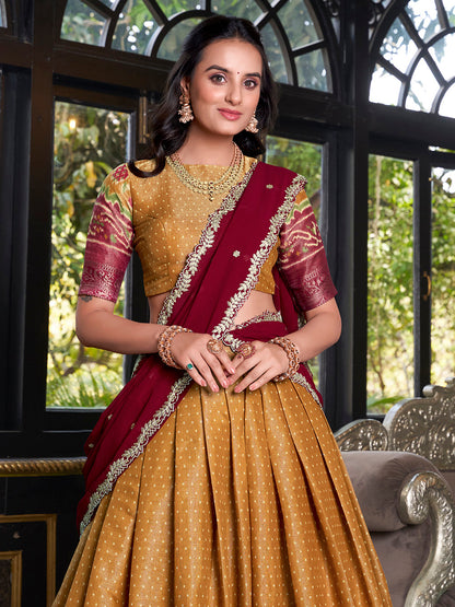 Mustard Color Printed With Zari Weaving Work Kanchipuram Lehenga Choli