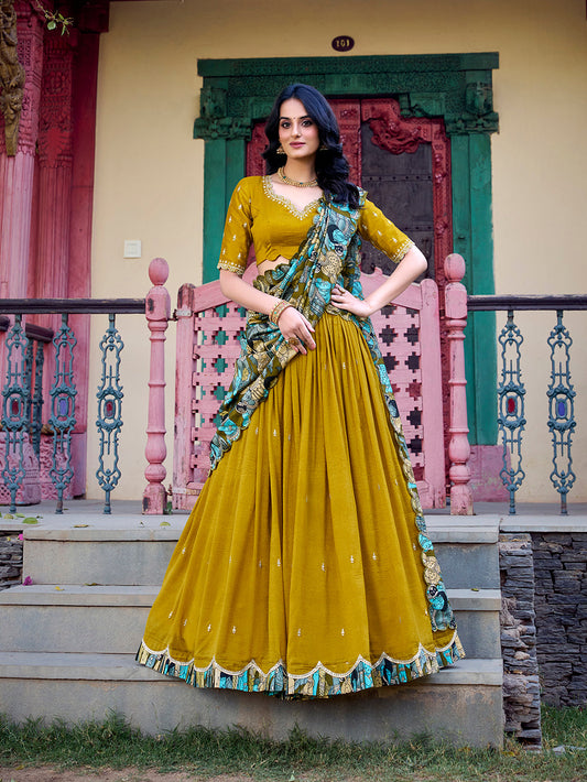Mustard Color Sequins And Thread Embroidery Work Vichitra Silk Lehenga