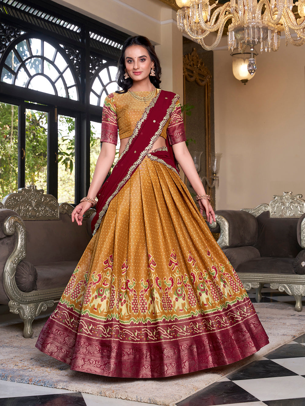 Mustard Color Printed With Zari Weaving Work Kanchipuram Lehenga Choli