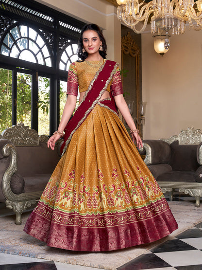 Mustard Color Printed With Zari Weaving Work Kanchipuram Lehenga Choli