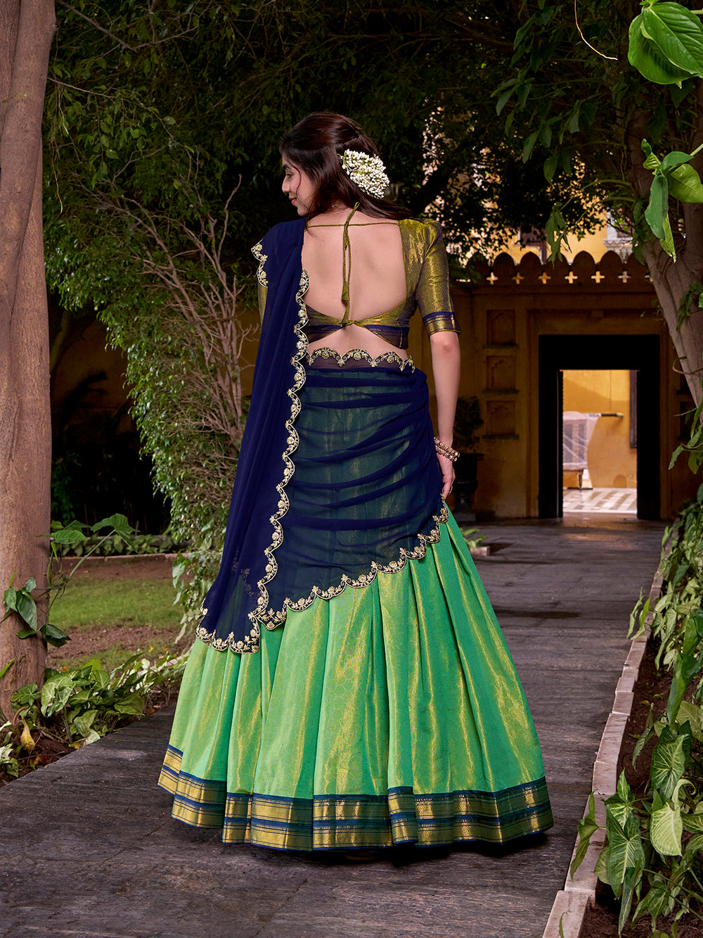 Navy Blue Color Sequince And Thread Embroidery Work Kanchipuram Lehenga Choli