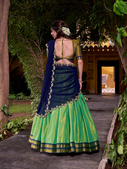 Navy Blue Color Sequince And Thread Embroidery Work Kanchipuram Lehenga Choli