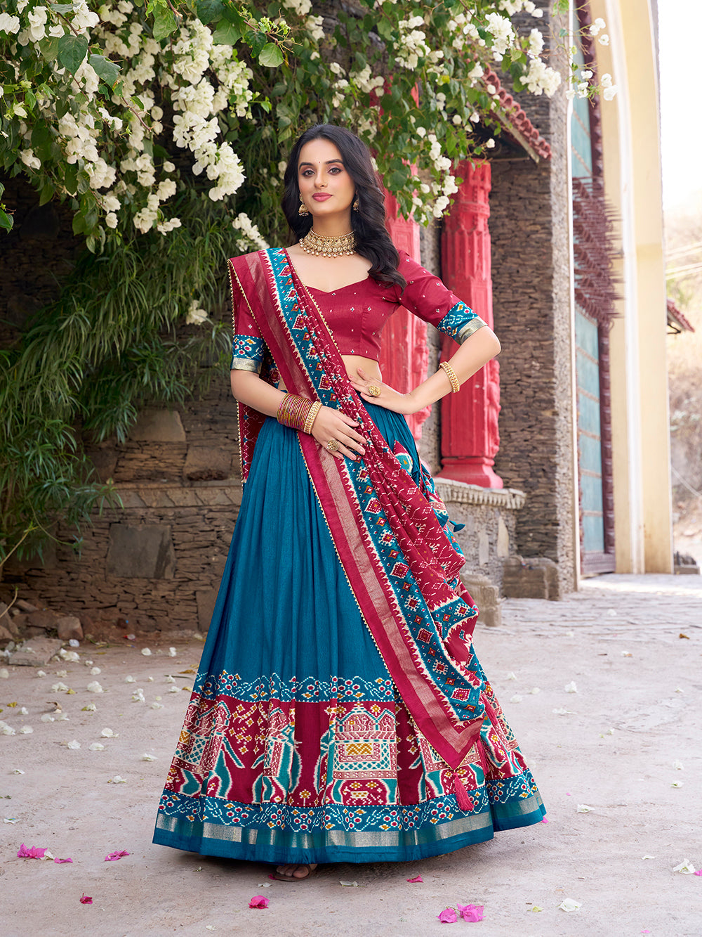 Teal Color Patola Printed Tussar Silk Lehenga Choli
