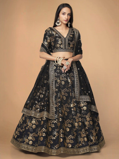 Hypnotic Black Colored Wedding Wear Embroidered Satin Lehenga Choli - Zeel Clothing