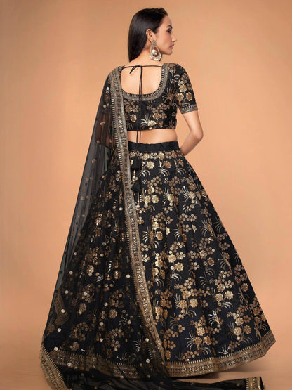 Hypnotic Black Colored Wedding Wear Embroidered Satin Lehenga Choli - Zeel Clothing