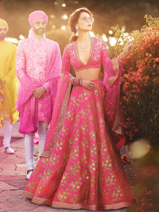 Hypnotic Pink Colored Wedding Wear Embroidered Satin Lehenga Choli - Zeel Clothing