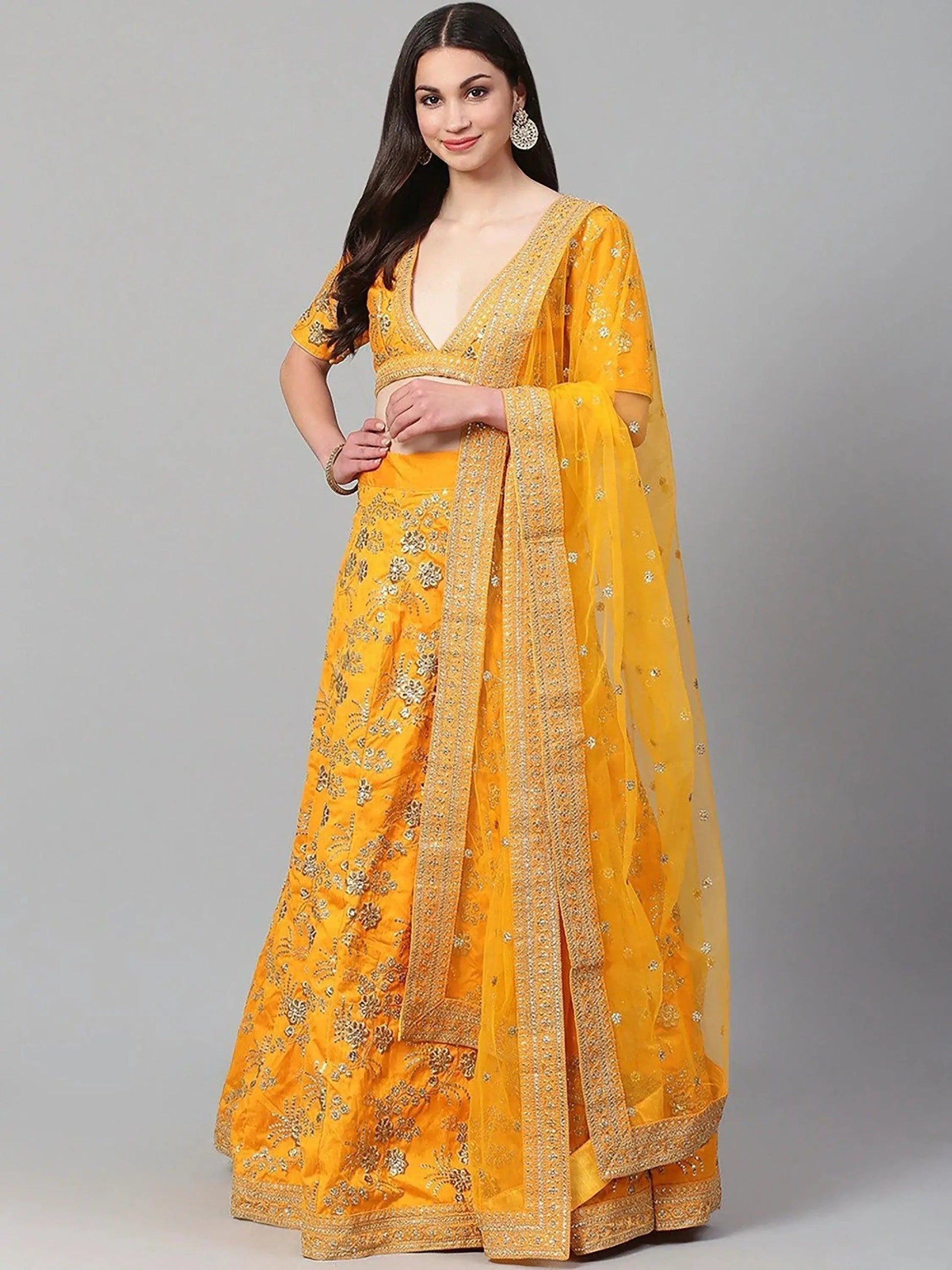 Hypnotic Yellow Colored Wedding Wear Embroidered Satin Lehenga Choli - Zeel Clothing