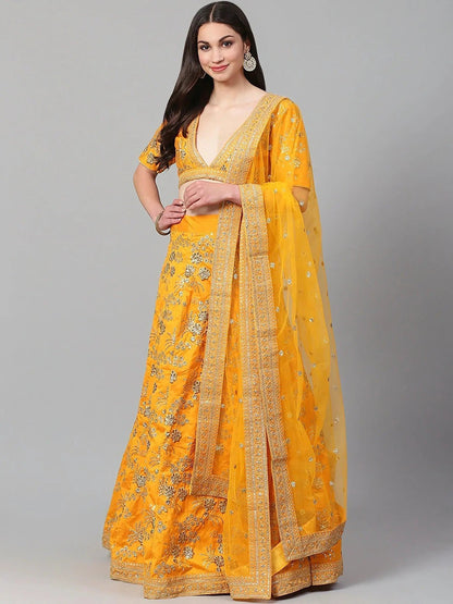 Hypnotic Yellow Colored Wedding Wear Embroidered Satin Lehenga Choli - Zeel Clothing