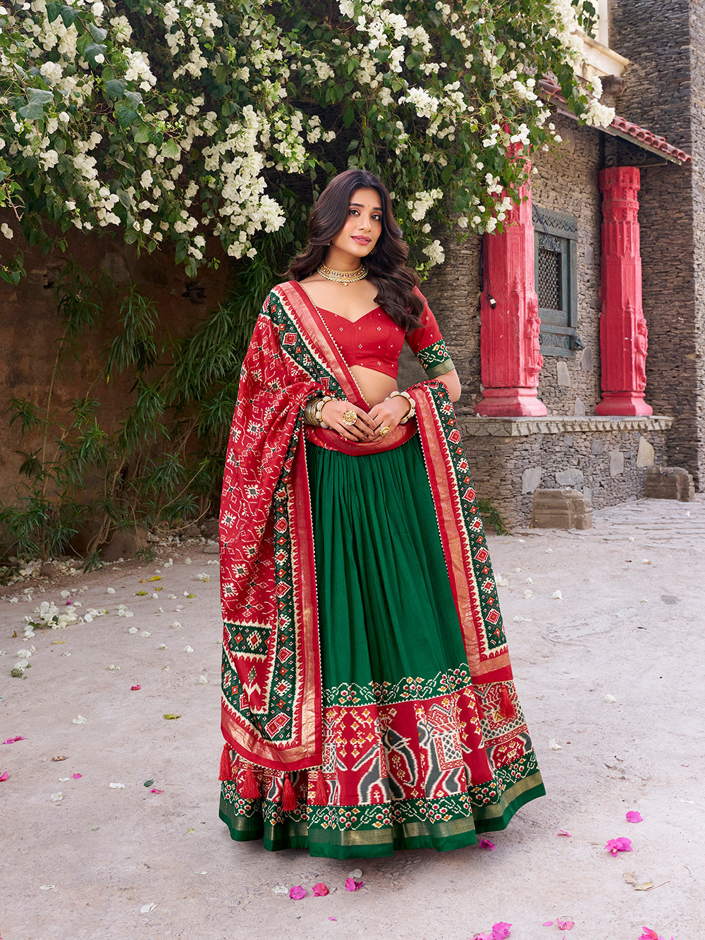 Green Color Patola Printed Tussar Silk Lehenga Choli