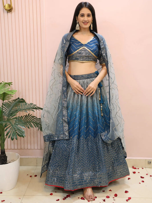Impressive Blue Sequins Chinon Party Wear Lehenga Choli With Dupatta - Zeel Clothing