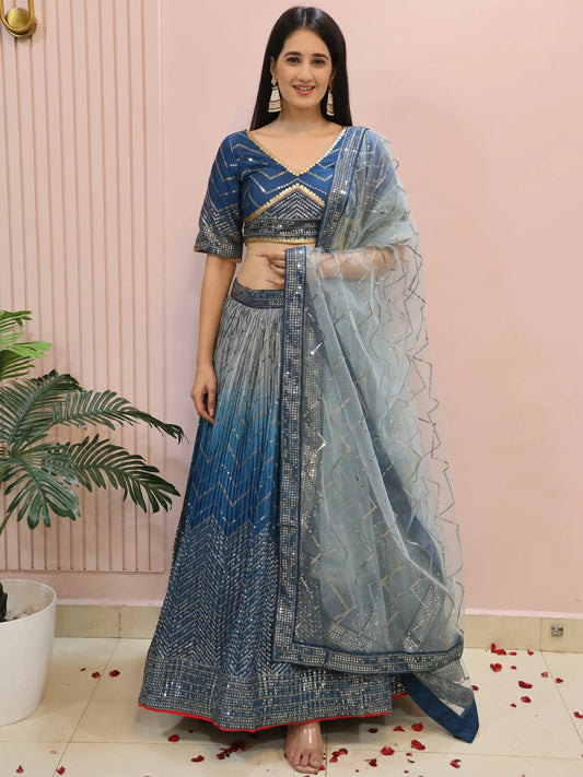 Impressive Blue Sequins Chinon Party Wear Lehenga Choli With Dupatta - Zeel Clothing