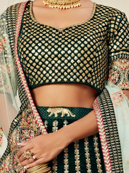 Impressive Green Embroidered Velvet Wedding Wear Lehenga Choli - Zeel Clothing