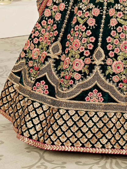 Impressive Green Embroidered Velvet Wedding Wear Lehenga Choli - Zeel Clothing