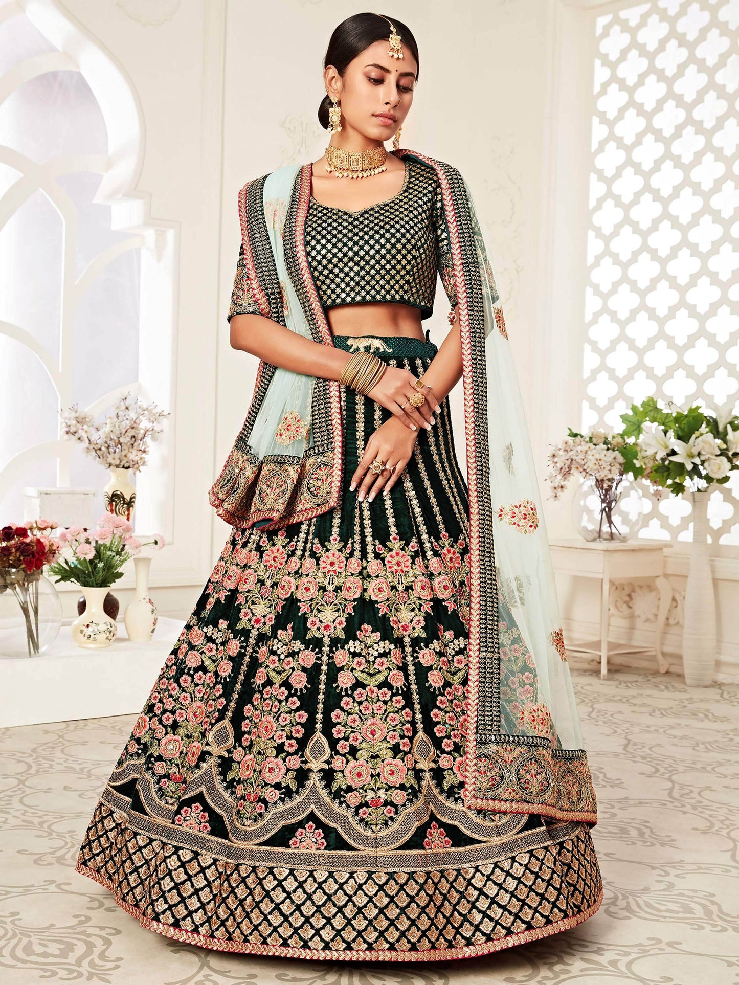 Impressive Green Embroidered Velvet Wedding Wear Lehenga Choli - Zeel Clothing