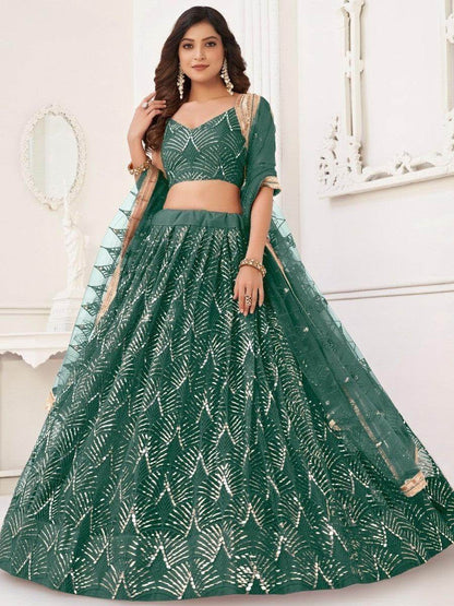 Impressive Green Sequins Net Traditional Lehenga Choli With Dupatta - Zeel Clothing