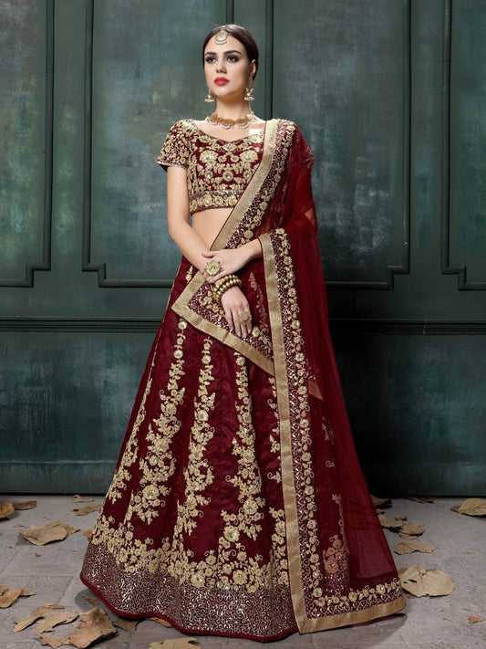 Impressive Maroon Colored Designer Partywear Raw Silk Lehenga Choli - Zeel Clothing