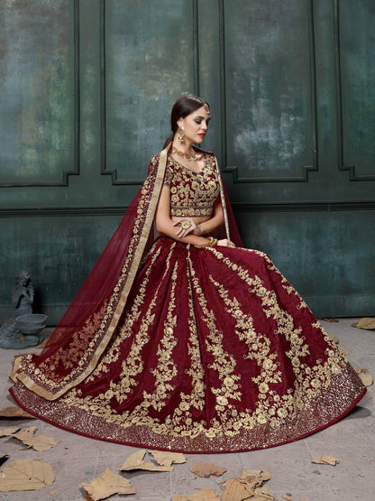 Impressive Maroon Colored Designer Partywear Raw Silk Lehenga Choli - Zeel Clothing